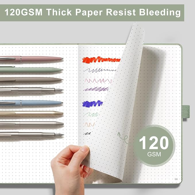 AHGXG Dotted Journal Notebook, 160 Numbered Pages, A5 Medium Size (5.7'' x 8.3''), 120 GSM Thick Paper, Leather Hardcover, for Journaling, Planning, Tracking (Sage Green)