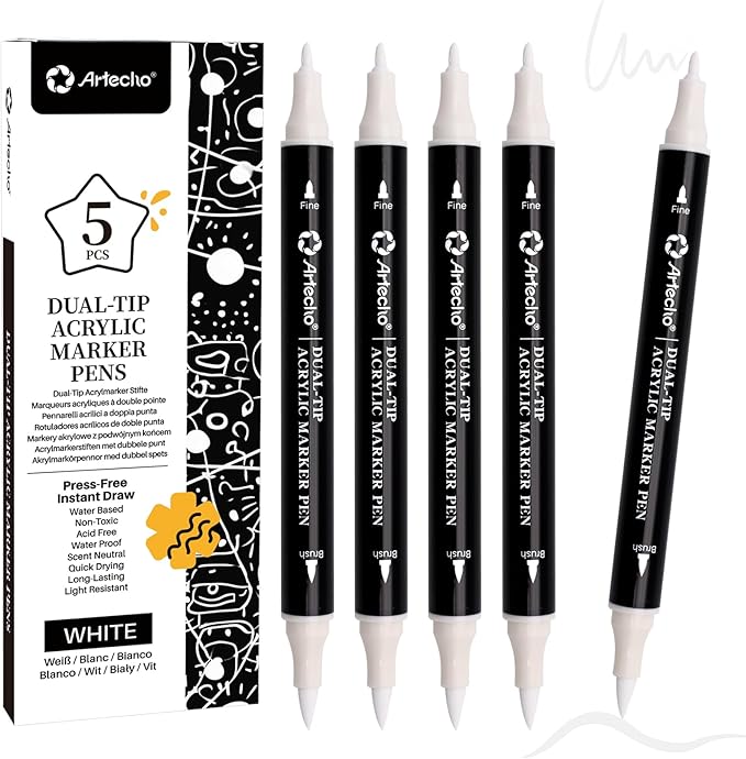 Artecho Dual Tip Acrylic Paint Pen White 5pcs set-Fine Tip and Brush Tip for Stone, Rock Painting, Paper, Pumpkin, Wood, Egg, Canvas, Ceramic, Fabric, leather, Glass, DIY Crafts
