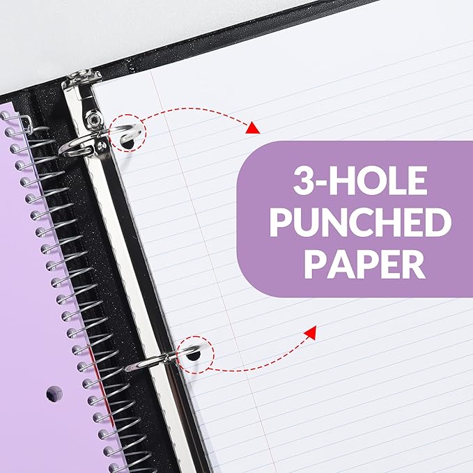 SUNEE 5 Subject Notebook College Ruled - 400 Pages, 9"x11", 5 Pocket Colored Dividers, 3-Hole Punched Paper, Purple