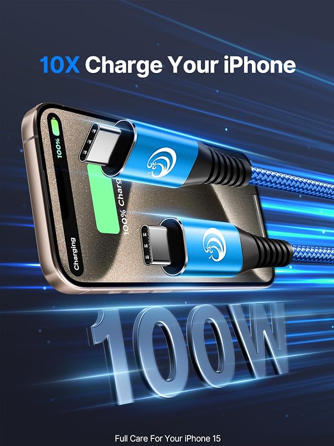 USB C to USB C 100W [6ft/2 Pack] USBC to USBC Cable Charger 5A C to C Fast Charging Cord 5A for MacBook Pro/Air, iPhone 16/15 Pro Max Plus,iPad Pro,Samsung Galaxy S24 Ultra S23,Pixel,PS5,Switch