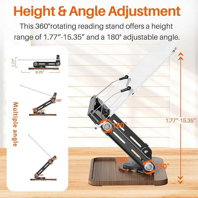 BYMECOST Acrylic Book Stand for Reading, 360°Rotating Book Holder with Pen Slot, Adjustable Height and Angle, Elastic Clips for Cookbook Stand, Foldable Desktop Riser for Laptop,Tablet,Recipe,Magazine
