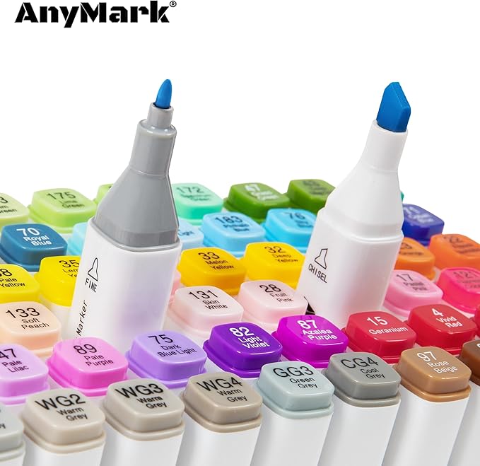 AnyMark Alcohol Markers, 60 Colors Dual Tip Art Coloring Markers Set for Adult Book Drawing Sketching Painting, Chisel & Fine, White Penholder