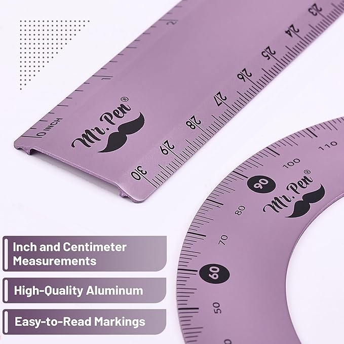 Mr. Pen- Metal Geometry Kit, 4 Pack, 45° & 30°/60° Set Squares, 6" Protractor & 12" Ruler, Durable Metal Drafting Tools for Technical Drawing, Math, Engineering & Architecture