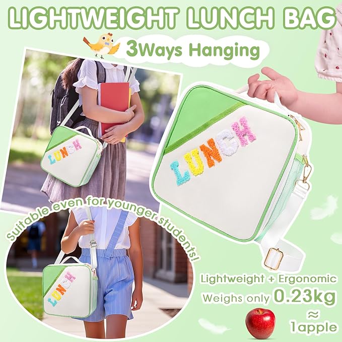 Nsrzua Lunch Bag Kids,Insulated Lunch Bag With Adjustable Shoulder Strap,Reusable Lunch Bag for Kids, Girls,Boys, lunch Bag Women,Preppy Lunch Box for School,Travel, Picnic (green)