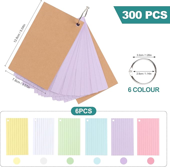 300 PCS Punched Lined Index Cards 3x5 Inch, Ruled Flash Cards With 6 Rings, Colored Notecards For Studying, Notes, Learning Memory，School, Office And Home(6 Colour）