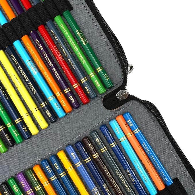 Vomgomfom 200 Slots Pencil Bag, 4-Layer Zipper Portable Art Supply Organizer, PU Leather Large Capacity Colored Pencil Case with Handle for 200 Watercolor Pens, Gel Pens (Black)