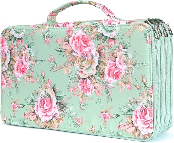 Vomgomfom 300 Slots Marker Bag, 4-Layer Zipper Portable Art Supply Organizer, PU Leather Large Capacity Marker Case Holds 100 Markers or 300 Colored Pencils with Handle (Green Rose)