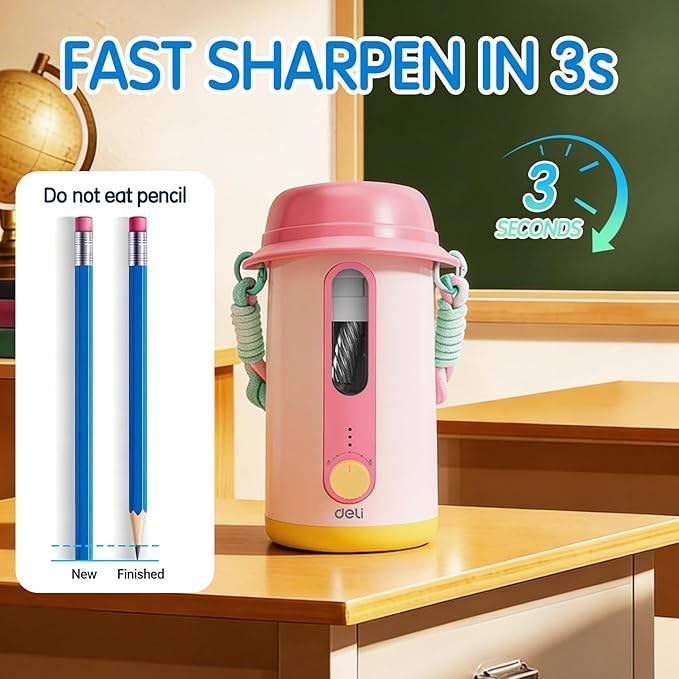 Electric Pencil Sharpener, Low Noise Fully Automatic Pencil Sharpener for Classroom,6.9-10.8mm Colored/Jumbo Pencils, Auto in & Out,Rechargeable Hands-Free Sharpener for Home/Office, Pink