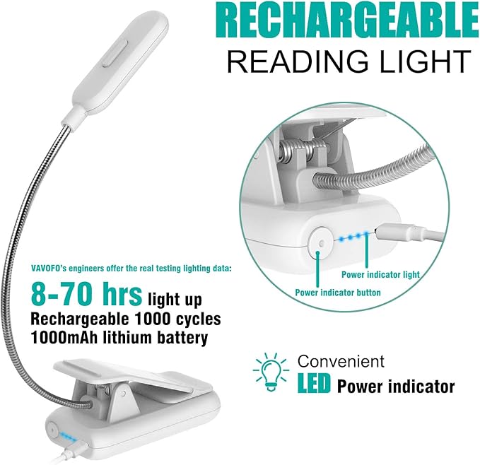 VAVOFO Clip On Rechargeable Reading Light, 7 LEDs with 3 Colortemperature 9 Brightness Levels Book Lights for Reading in Bed with Power Indicator for Bookworms Black (white1-Pack)
