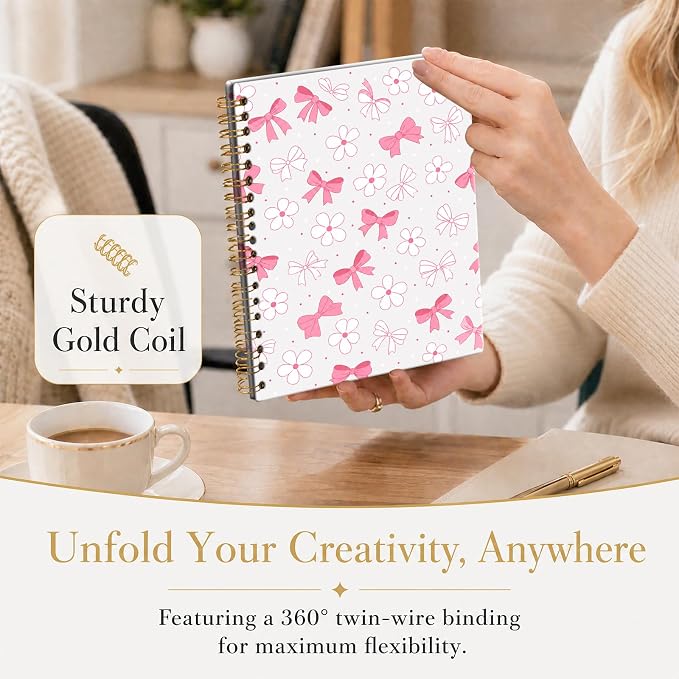 ATJFKIXL Cute Spiral Journal Notebook, A5 120 Page College Ruled Wirebound Notebook, Soft Cover for Students Office Notes and Planning - Pink Bow Daisy