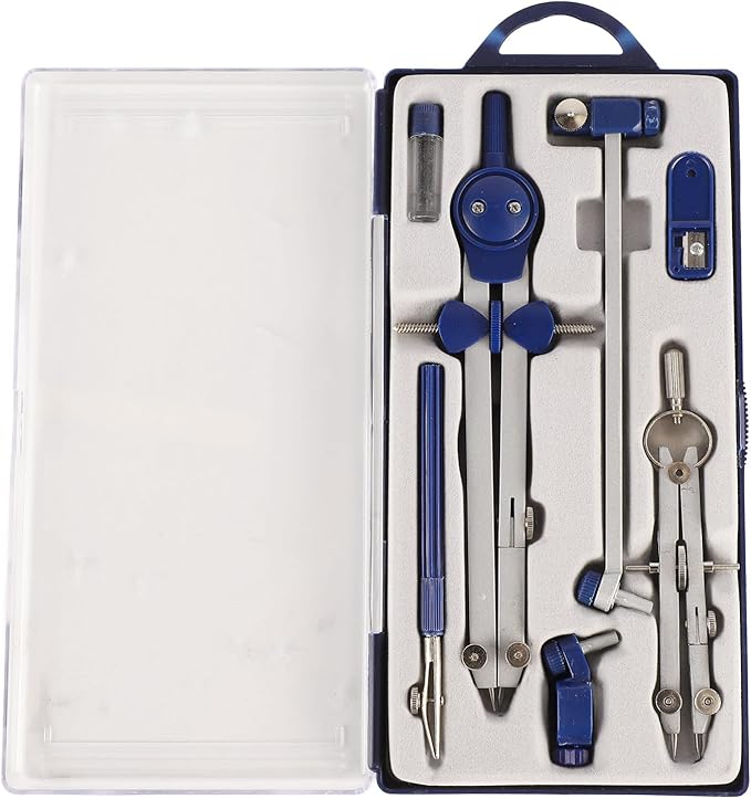 Math Geometry Kit, Metal Compass Tool Zinc Alloy Compass and Ruler Geometry Set Drawing Compass Drafting Compass with Shatterproof Storage Box for Office School Art Drawing