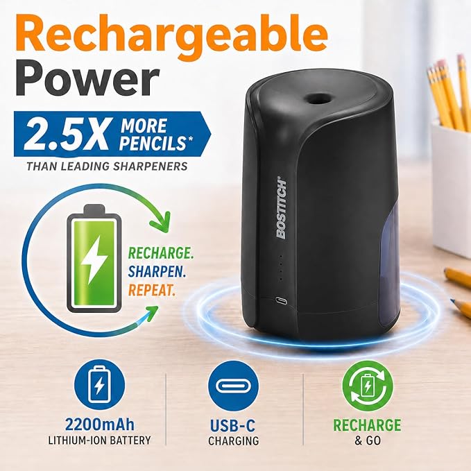 Bostitch Portable Rechargeable Battery Vertical Pencil Sharpener Helical Blade for No.2/Colored Pencils, Black