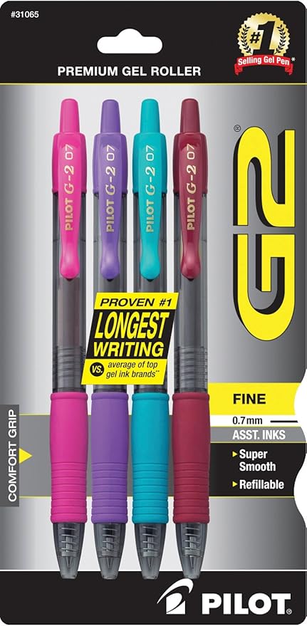 Pilot G2 Premium Refillable and Retractable Rolling Ball Colored Gel Pens, Fine Point, 0.7mm, Purple/Pink/Turquoise/Burgundy Inks, 4-Pack