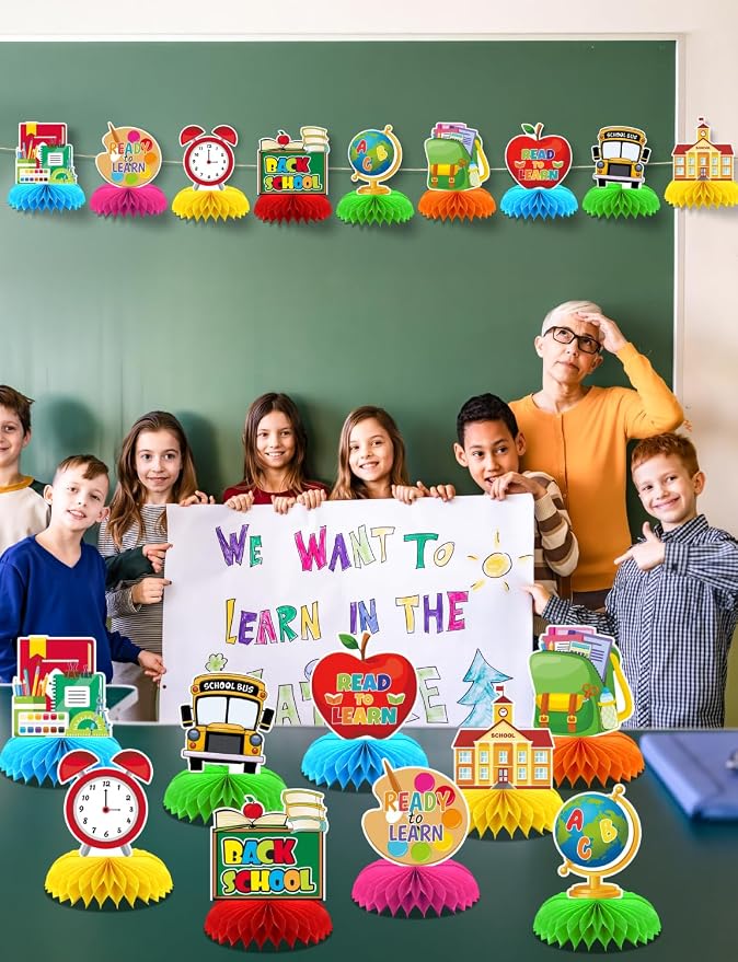 Back to School Table Decorations - 9 Pcs Welcome Back to School centerpieces for tables Bus Stationery Chalkboard Honeycomb Centerpiece Table Toppers for Teachers Students Classroom Supplies