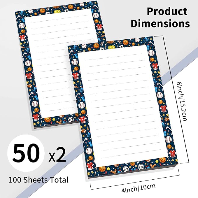 2 Pack Lined Sticky Notes 4x6 in, Cute Self-Stick Notepads with Lines, Large Memo Pads Strong Adhesive for Office, Home Funny Sport Design