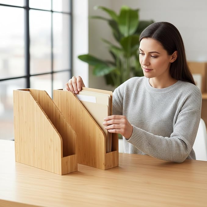 2 Pack Bamboo File Folder Holder Book Holder Frames Document Cabinet Rack Storage Organizer Small Magazine Shelf for Home ,Office