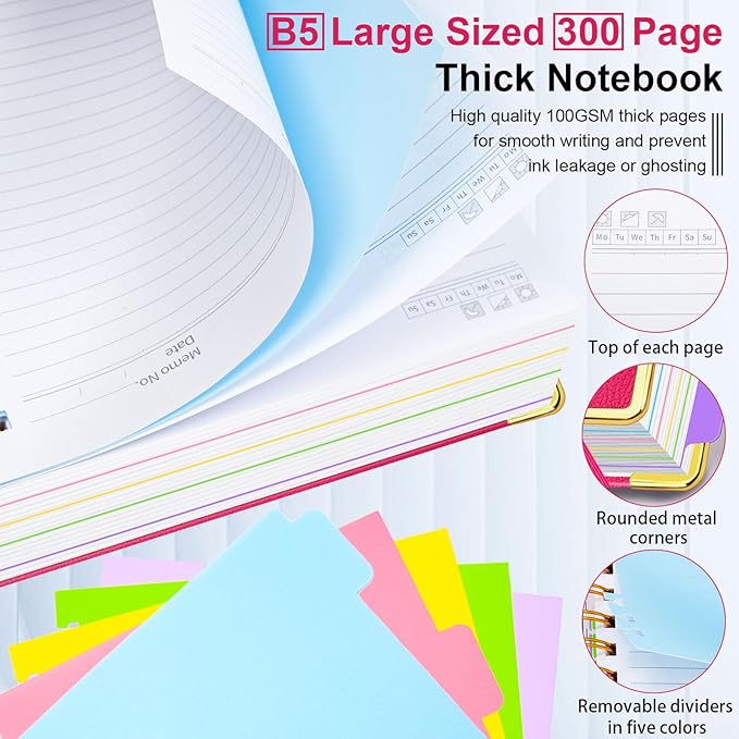 Hardcover Spiral Notebook 8"x10" Journal Notebook with Tabs and Removable Dividers 300 Pages 5 Subject Notebook College Ruled, Faux Leather Spiral Bound Notebook for Women School Work (Rose Red)
