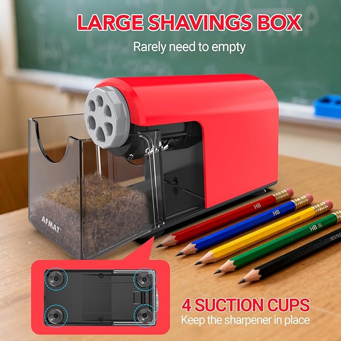 AFMAT Electric Pencil Sharpener Heavy Duty, 6 Holes, Cordless & Rechargeable, Fast Sharpen, Auto Stop, 10K+ Uses, Classroom Pencil Sharpener for 6-11mm No.2/Large/Colored Pencils PSD2(Red)