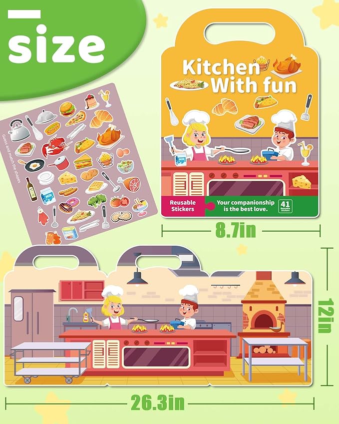Benresive Reusable Sticker Book for Toddlers, Travel Stickers for Kids, Toddler Crafts Activities Toys, Birthday Gifts for Boys & Girls - Kitchen