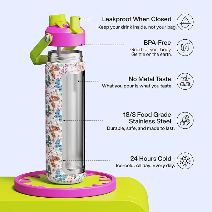 ENCOOL Insulated Water Bottle with Straw Stainless Steel Water Bottle, Leak-Proof, BPA-Free, Double Wall Vacuum Keeps Cold for 24 Hours for Sports, Travel, School (26 oz, Aesthetic Butterfly)