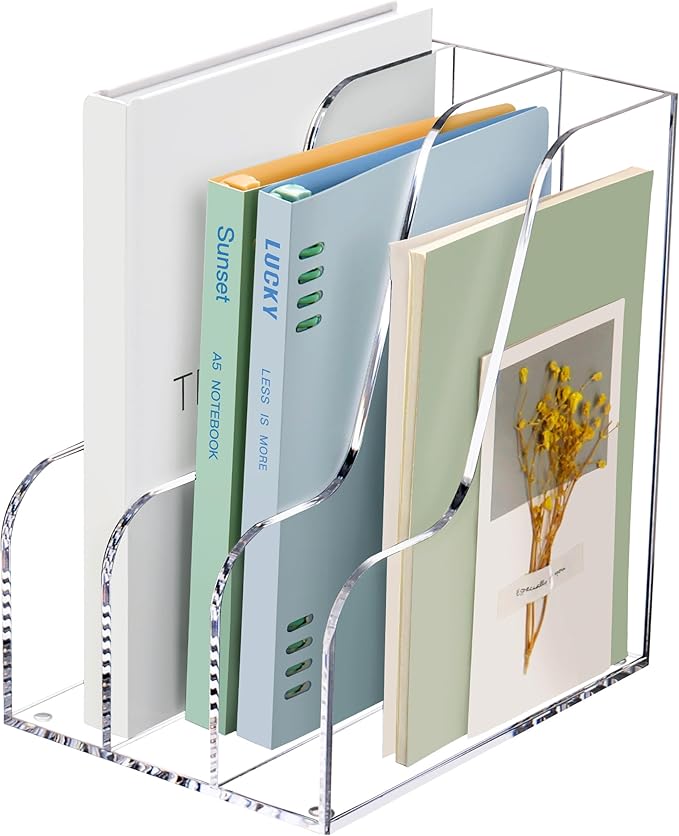 SANRUI Clear Vertical Magazine File Holder, Acrylic Desk Organizer and Storage Bins Holding for Magazines Binders, Notebooks, Envelopes A4 Folder Binder Holders Sorter, 3 Compartments