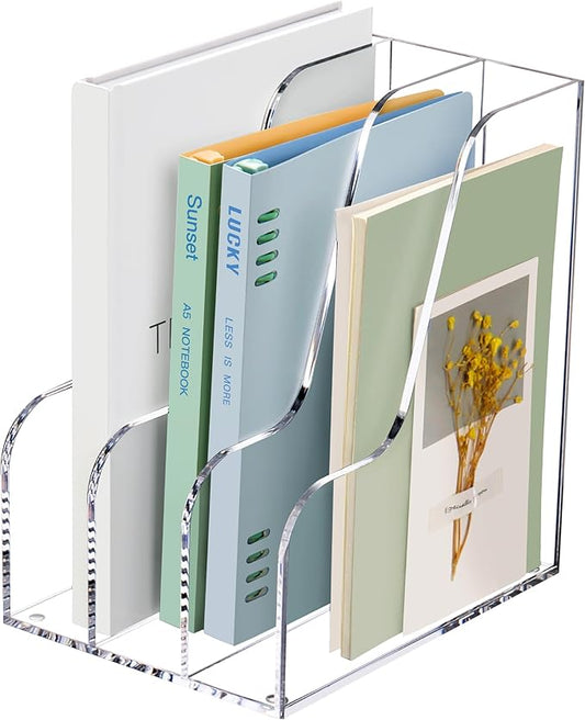 SANRUI Clear Vertical Magazine File Holder, Acrylic Desk Organizer and Storage Bins Holding for Magazines Binders, Notebooks, Envelopes A4 Folder Binder Holders Sorter, 3 Compartments