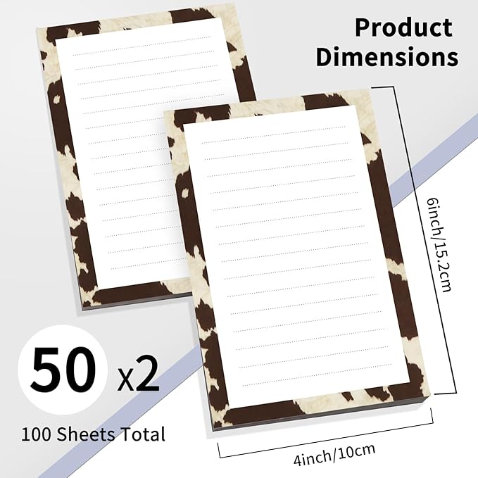 2 Pack Lined Sticky Notes 4x6 in, Cute Self-Stick Notepads with Lines, Large Memo Pads Strong Adhesive for Office, Home Retro Boho Cowhide