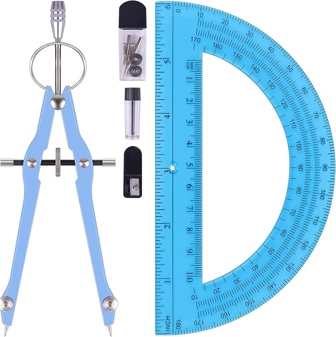Unjoo Compass and Protractor Set, Professional Drawing Compass Tool, Metal Compass with Extra Refills, Compass for Geometry and 6 Inch Math Protractors 180 Degree (Blue)