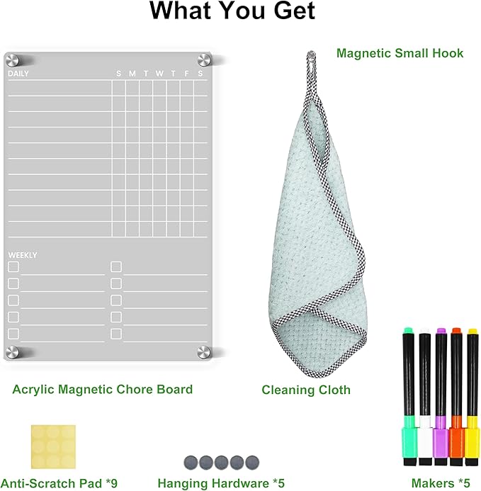 Acrylic Magnetic Chore Chart for Kids Teens Adult Family, Clear Dry Erase Acrylic Chore Chart for Fridge, Responsibility Reward Chore Board for Refrigerator 12"x8" Daily/Weekly to Do List White Board