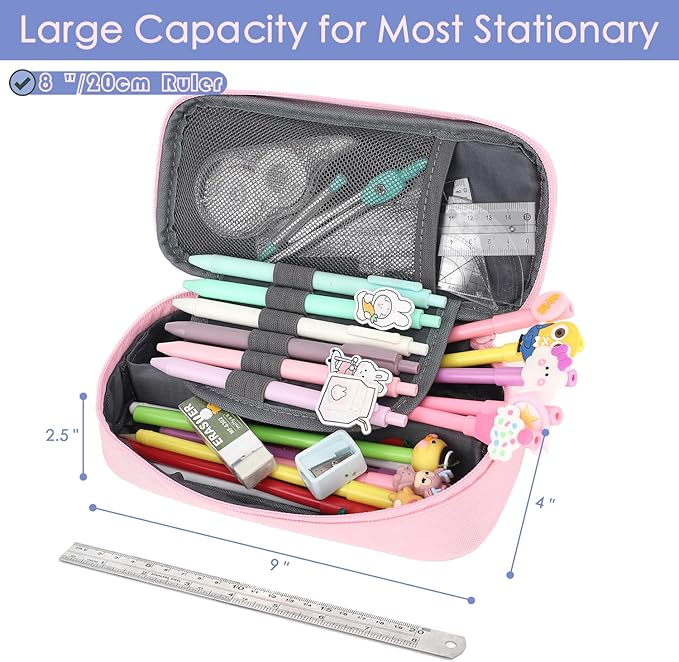 FlowFly Large Capacity Pencil Case for Kids, Boys & Girls – Zippered Multi-Functional Pen Pouch, Soft & Portable Pencil Bag for School, Teens, Students, Pink