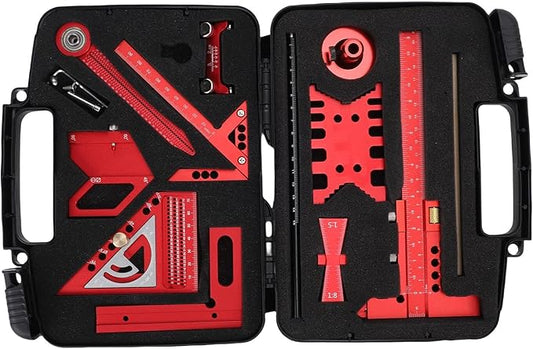 Woodworking Ruler Set, 9Pcs Aluminum Alloy Geometry Set Precision Measuring Tools for Accurate Layout Includes T Square Ruler, Compasses, Protractor, and Dovetail with