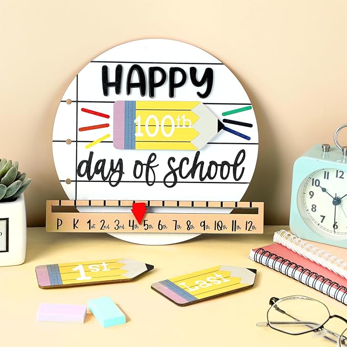 Kosiz Pencil First and Last Day of School Sign Back to School Board Gifts Round Wooden First Day of Sign Reusable Dry Erase 8''