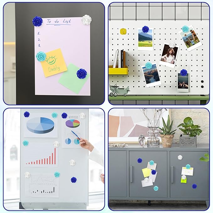 20 Pcs Rose Fridge Magnets, 1.1 Inch Cute Flower Fridge Magnets, 3D Colorful Refrigerator Decorative Magnet for Whiteboard Locker Cabinet (Blue-3 Colors-Rose)