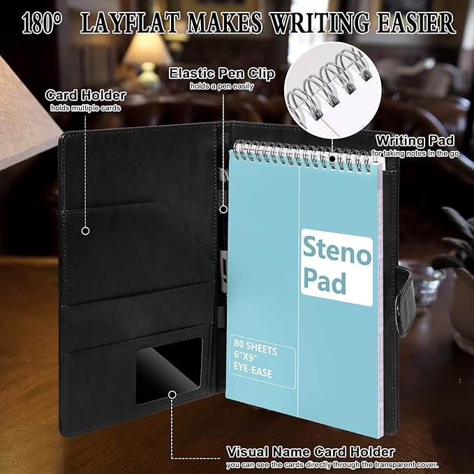 6 x 9 Inch Steno Pad Holder PU Leather Black Steno Pad Cover Business Padfolio Organizer Compatible with 6 x 9 Steno Notebook Portfolio Pocket Organizer With Pen Loop for Business