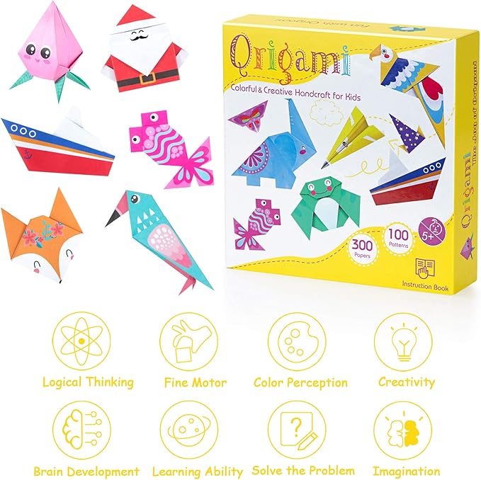 Origami Paper for Kids, 300 Sheets Colorful Origami Paper Kit 5.5Inch, 100 Origami Projects & Easy Origami Book Origami Kit for Kids, Creativity Training & Brain Development Origami Set for Kids
