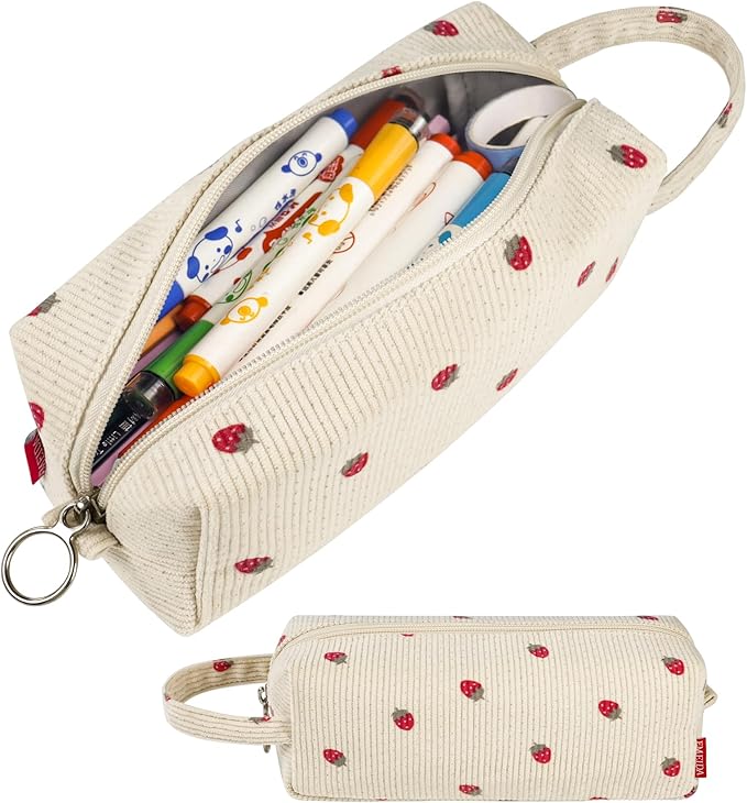 Fmeida Pencil Case Pouch - Soft Corduroy Pencil Pouch Cute Pencil Bag Aesthetic Office Supplies Stationery Pouch with Handle - Strawberry