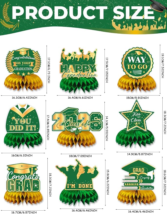 Graduation Table Decorations Class of 2026, 9Pcs Graduation Centerpieces for Tables Green Gold Honeycomb Centerpiece Congrats Grad Table Toppers Congratulate Decorations for Grad Party Supplies