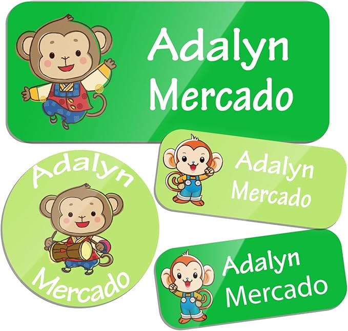 Custom Personalized Name Labels for Kids-(200-1000Labels) Waterproof Name Stickers Tags for School&Daycare,Clothing Tags,Washable&Durable Labels for Lunch Boxes, Bottles,Toys&GEA (Monkey)
