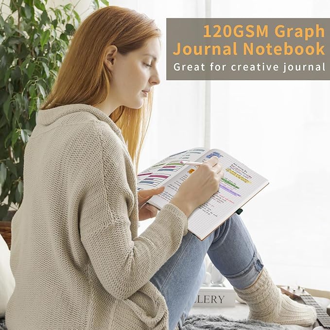 AHGXG Graph Paper Notebook - Grid Notebook Journal, 120 GSM Thick Graph Paper, Large B5 Notebook 96 Pages, Leather Softcover, for Graphing, Writing, Math, Engineering, 7.6'' X 10'' - Sage Green
