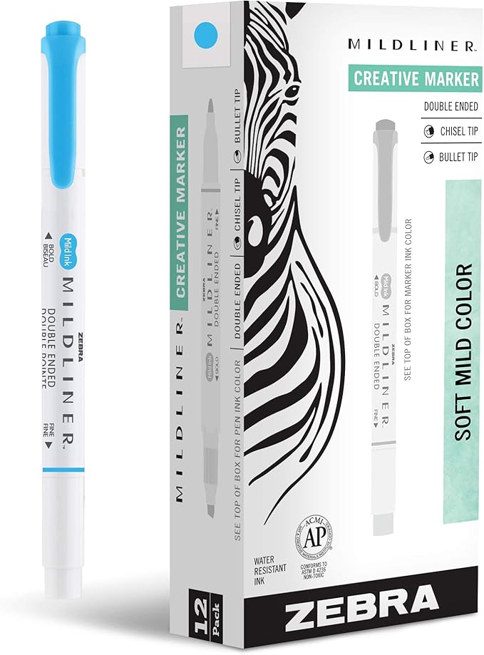 Zebra Pen Mildliner Dual-Tip Highlighters, Broad and Fine Tips, Ideal for Bible Highlighting, No Bleed, School Supplies, Teacher Supplies, and Office Supplies, Mild Cyan Ink, 12-Pack (78560upc)