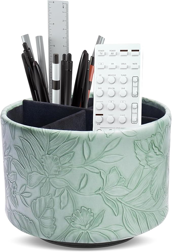 Round Leather Art Supply Organizer,Remote Control Holder,360 Degree Spinning,Multi-Functional Pencil Holder,4 Compartments Desktop Stationary Organizer(1-Carved Dark Green)