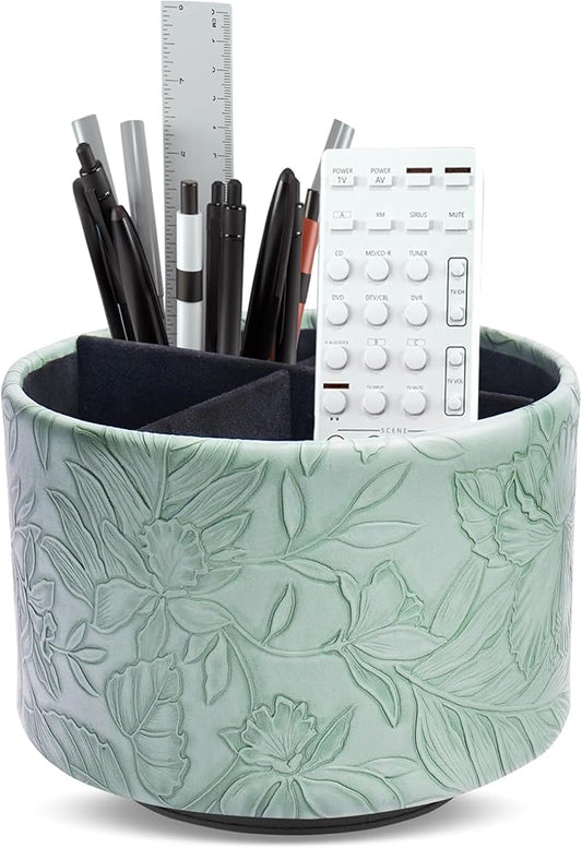 Round Leather Art Supply Organizer,Remote Control Holder,360 Degree Spinning,Multi-Functional Pencil Holder,4 Compartments Desktop Stationary Organizer(1-Carved Dark Green)