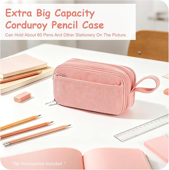 BuyCard Pink Corduroy Pencil Case, Large Capacity, Casual Style, Zipper Pouch Organizer for Teen Girls, Cute Stationery Storage and Organizer, Supplies for Teen and Adult Girls