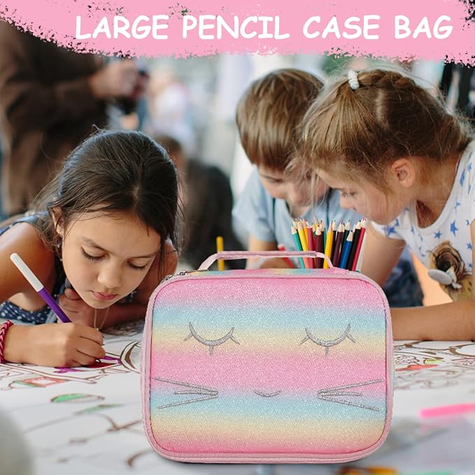 VASCHY Large Pencil Case Bag, Art Supply Marker Organizer Big Pen Pouch with Detachable Layers Slots Multiple Zipper Pockets for Kids Adults School Office Gilter Unicorn