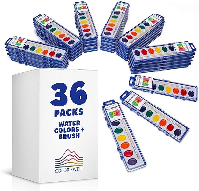 Color Swell Bulk Watercolors Paint Pack with Wood Brushes - 36 Sets with 8 Washable Colors Each - Perfect for Kids, Classrooms, Parties, Students, Donations, Party Favors
