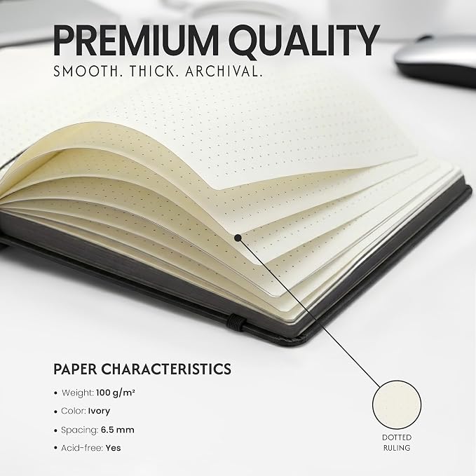 EVERLINEA 5.6” x 8.3” Embossed Quill A5 Hardcover Notebook, 240 Dotted Pages, Black Graphite