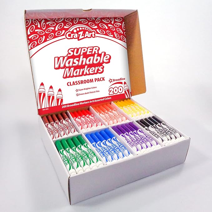 Cra-Z-Art Super Washable Broadline Markers Bulk Class Pack 200ct 8 Assorted Colors, 25 Broadline Markers in Each Color