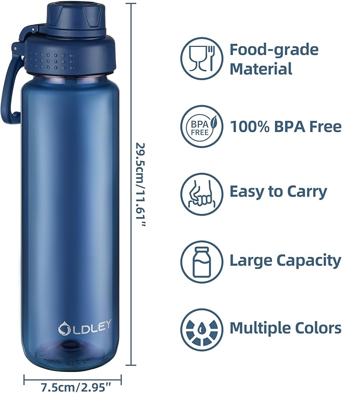 OLDLEY 32 oz Water Bottle, Sports Tritan Water Bottle with Carry Handle and Spout Lid, Leakproof & BPA Free Large Water Bottles for Home,Travel, School, Outdoors, Gym, Navy Blue
