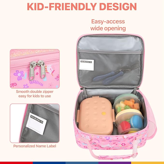 Bagseri Kids Lunch Bag Girls - Thermal Insulated Lunch Box Tote with Water Bottle Holder, Reusable Leak-Proof Kids Lunch Box for Daycare & School, Glitter Pink Unicorn (Containers Not Included)