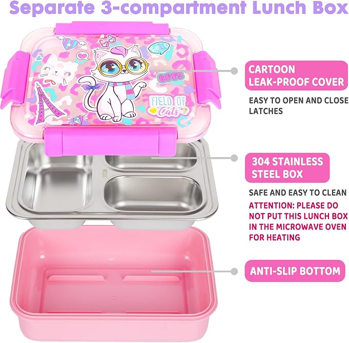Stainless Steel Bento Lunch Box for Kids, 710ml/23.5oz BPA-Free Leak-Proof Food Containers with 3 Compartments, Back to School Students Daycare Lunches Snack Container Size for Ages 3-7